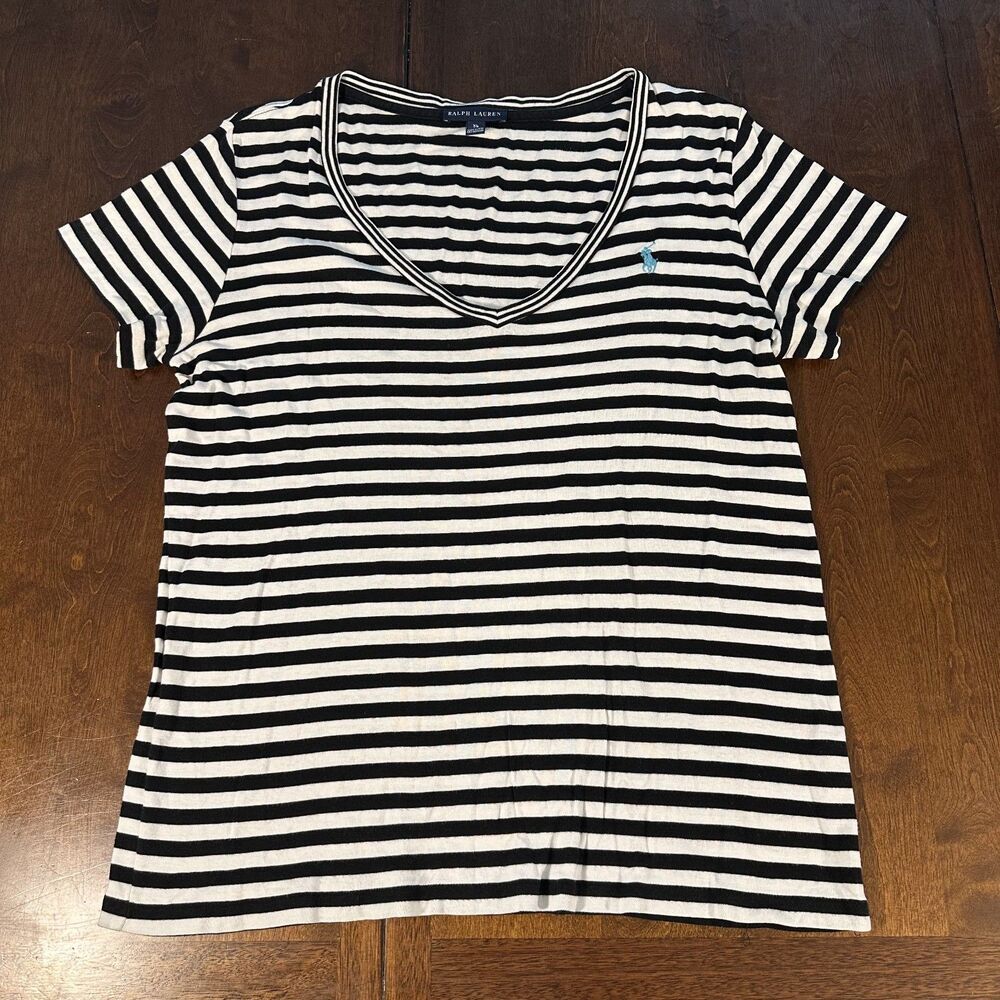 Ralph Lauren Womens XL Black White Striped V-Neck T-Shirt Blue Pony Logo